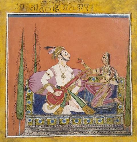Раджапутра Велавала из Бхаиравы, непрозрачная акварель с позолотой на бумаге (ок. 1710).
