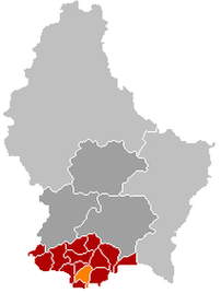 Оранжевый цвет — коммуна Кейл (Люксембург), красный — кантон Эш-сюр-Альзетт.