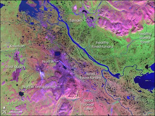 Карта загрязнений на спутниковом снимке района Норильска