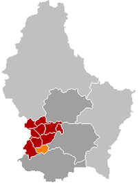Оранжевый цвет - коммуна Диппах (Люксембург), красный - кантон Капеллен.