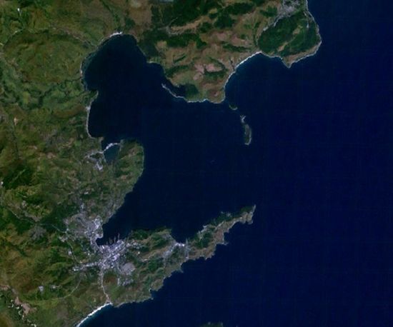 Славянка на берегу одноимённго залива (на юге), вид из космоса.