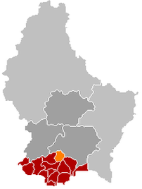 Оранжевый цвет - коммуна Лёделанж, красный - кантон Эш-сюр-Альзетт.