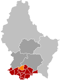 Оранжевый цвет - коммуна Рекканж-сюр-Мес, красный - кантон Эш-сюр-Альзетт.