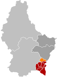 Оранжевый цвет - коммуна Леннинген (Люксембург), красный - кантон Ремих.