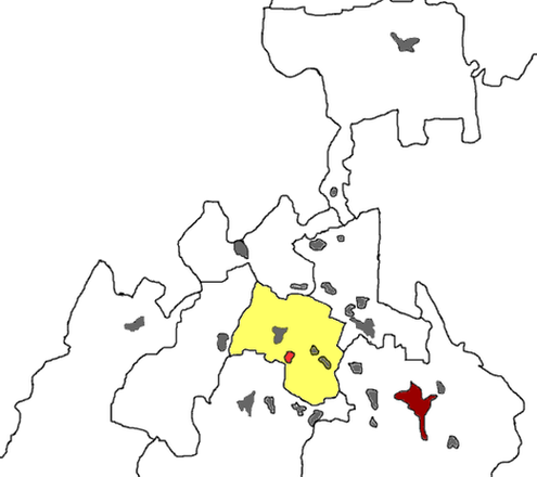 Кадгарон на карте Северной Осетии. Жёлтым выделен Ардонский район, тёмно-красным — Владикавказ