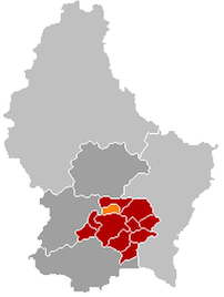 Оранжевый цвет - коммуна Вальферданж, красный - кантон Люксембург.