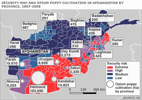 Карта Афганистана, изданная ООН. На ней указаны уровни рисков, региональной безопасности и производства наркотиков
