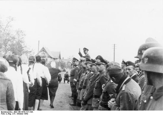 Молодёжь фольксдойче марширует перед рейхсфюрером СС Гиммлером. г. Halbstadt (Молочанск, Украина). 31 октября 1942 г.