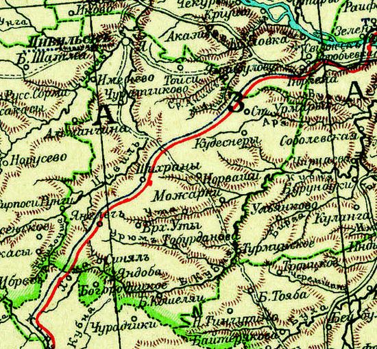 Карта Цивильского уезда (1903) с указанием железной (красная линия) дороги, близ которой южнее Янглич находится село Климово