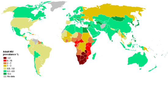Распространенность ВИЧ среди взрослого населения по странам[когда]      15–50%      5–15%      1–5%      0.5–1.0%      0.1–0.5%      <0.1%      нет данных