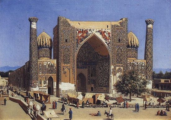 Медресе Шер-Дор на площади Регистан в Самарканде. Картина Верещагина В. В., 1869—1870 гг.