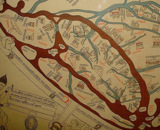 Эдинбург на средневековой карте XIV в. (в верхнем левом углу)