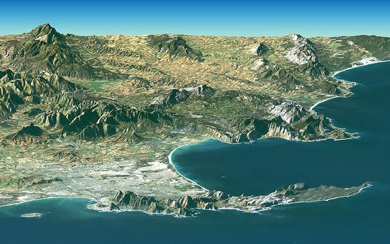 Модель окрестностей Кейптауна, созданная на основе снимков спутника Landsat