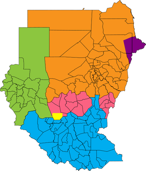 Регионы и спорные территории Судана:     Южный Судан (участник референдума 2011).      Район Абьей (планировавшийся участник референдума 2011).      Южный Кордофан и Голубой Нил (участники «всенародного опроса»).