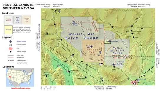Меркури, аэродром Desert Rock и зона 51 на карте Невады.