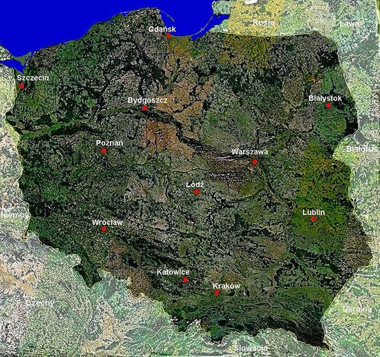 Территория Польши. Снимок со спутника
