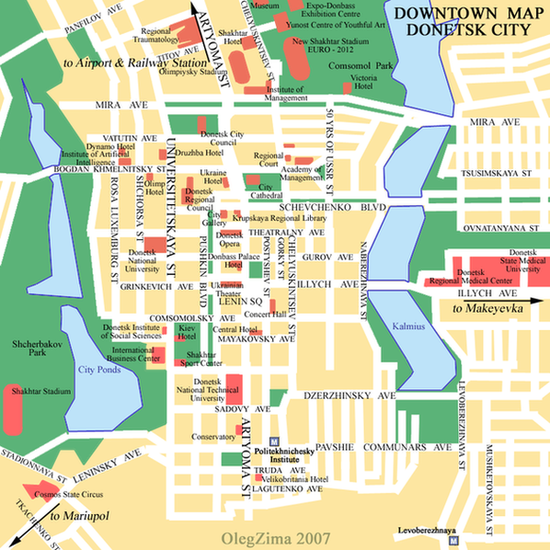 Карта центра Донецка (на английском)