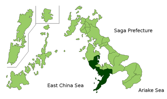 Город Нагасаки на карте префектуры Нагасаки