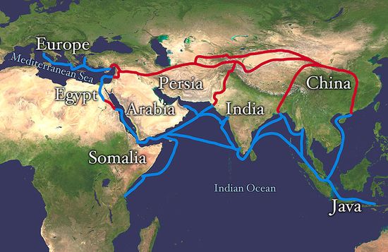 Древний Шелковый путь, соединявший Европу и Азию и проходивший через Сомали, Египет, Персию, Индию и острова Ява, до самого Китая.
