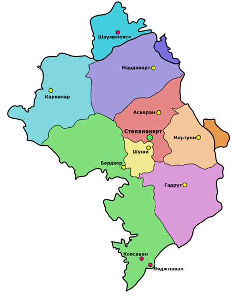 Административно-территориальное деление территории, включённой в состав НКР её властями. Части Шаумяновского, Мартакертского и Мартунинского районов, показанные тёмным цветом, контролируются Азербайджаном.