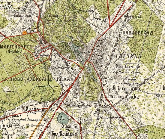 Гатчино на «Карте района манёвров», 1913 г.