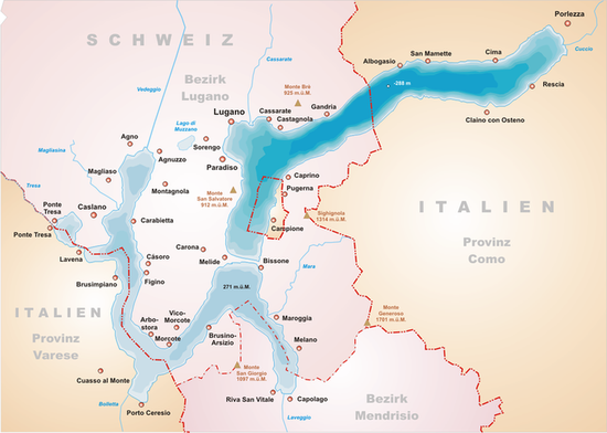 Карта озера Лугано, на которой выделена территория Кампионе-д’Италия (в центре карты).