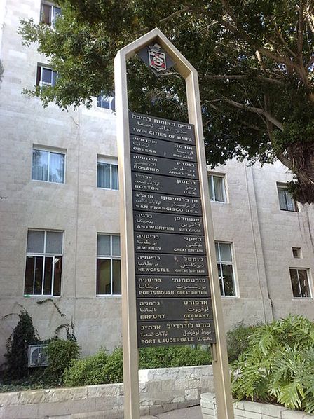 Стела с названиями городов-побратимов Хайфы, установленная перед зданием хайфского муниципалитета.