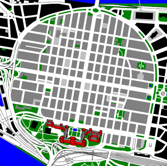 План центра города — замок (внизу, выделен красным) и «квадраты». В левом нижнем углу — Рейн, в правом верхнем — Неккар.