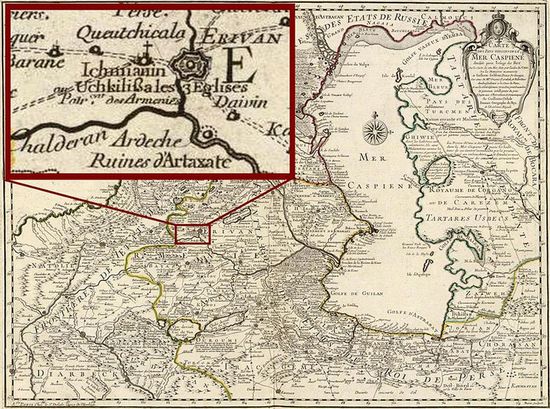 Эчмиадзин, или Учкилиса на карте 1723 года. Автор Гийом Делиль.