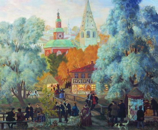 Борис Кустодиев. Провинция. 1919 год. Изображена бывшая романовская базарная площадь.