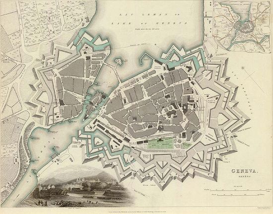 Map of Geneva and surroundings in 1841. The colossal fortifications were demolished ten years later.