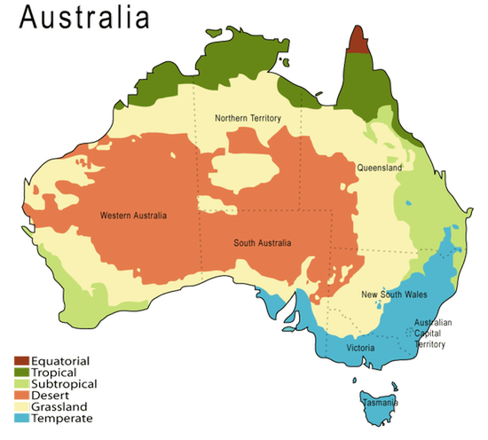 Климатическая карта Австралии по классификации Кёппена. Пояса:        Экваториальный      Тропический      Субтропический      Пустынный      Полупустынный      Умеренный