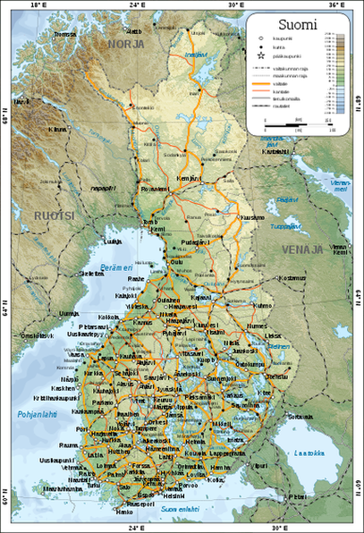 Сеть автомобильных и железных дорог на карте Финляндии