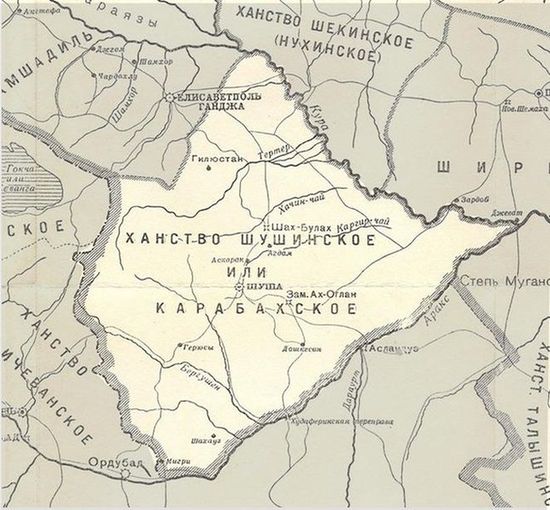 Горис (Герюсы) в составе Карабахского ханства в 1809—1817 гг с границами по Гюлистанском договору на карте 1902 года