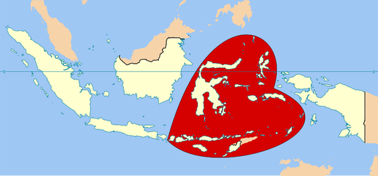 Биогеографическое зонирование территории Индонезии: синяя черта — линия Уоллеса. Красным выделена Уоллесия, к западу от нее расположена сундаландская зона, к востоку — сахулская