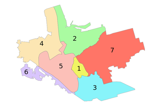 Районы города. Нумерация совпадает с перечисленными слева районами.
