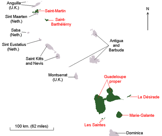 Карта заморского департамента Гваделупа до выделения из его состава заморских общин Сен-Бартельми и Сен-Мартен в феврале 2007 года.