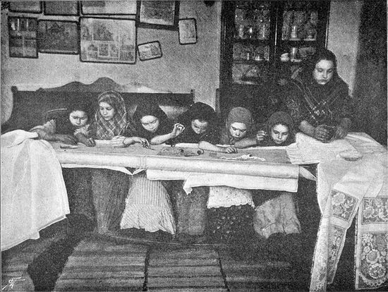 Вышивание узоров по полотну (строчка). Село Катунки Балахнинского уезда. 1896 год
