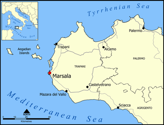Марсала на карте Сицилии