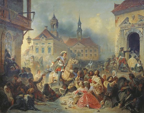 Н. А. Зауервейд. Пётр I усмиряет ожесточённых солдат своих при взятии Нарвы в 1704 году