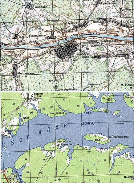 Корчева на карте 1925 года и на современной карте.