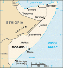 Карта Сомали и Сомалиленда (на севере обозначен пунктиром)