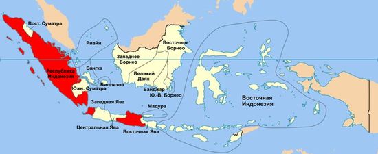 Карта Соединённых штатов Индонезии. Территория Республики Индонезии выделена красным