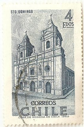 Храм Санто-Доминго в центре города, построен в 1808 году (почтовая марка Чили, 1969, 4 эскудо)