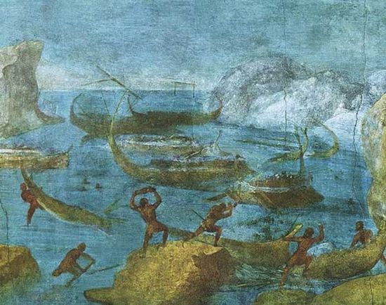 Лестригоны бросают камни в корабли Одиссея. Римская фреска. I век до н. э.