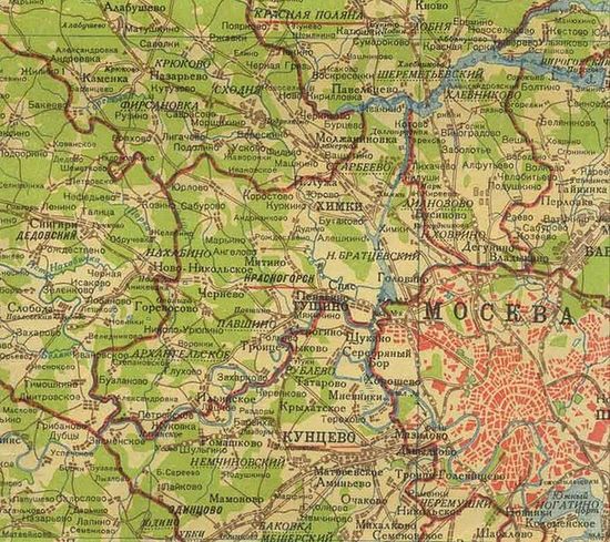 Город Химки в составе Красногорского района на карте 1939 года