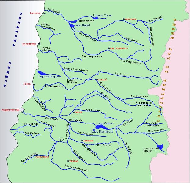 Карта рек регионов О’Хиггинс и Мауле