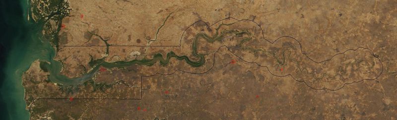  Западный отрезок реки Гамбия, вид из космоса. Линией отмечена граница страны Гамбии.