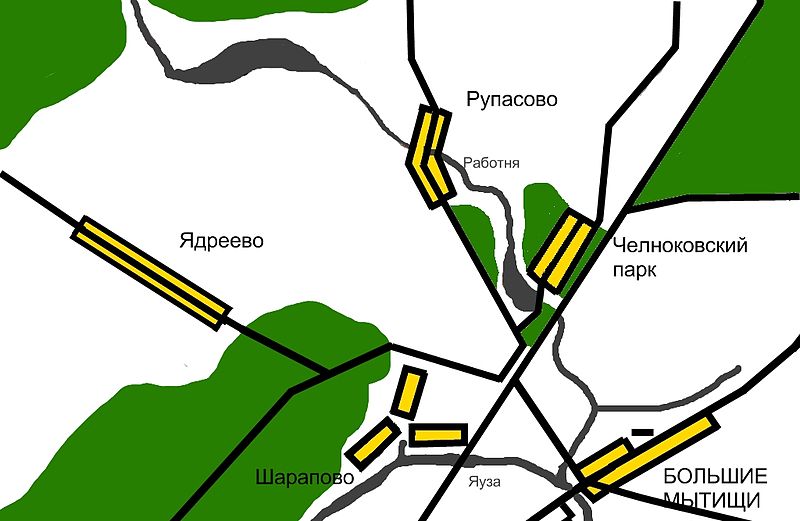 Примерная схема прохождения реки Работни по Мытищам в начале XX века.