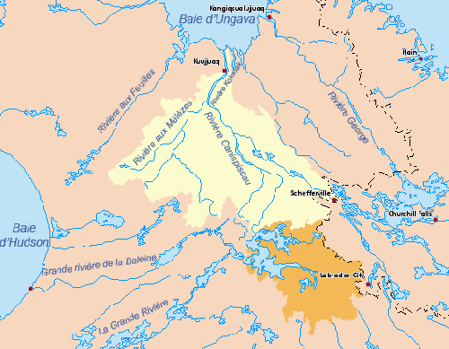  Желтым обозначен нынешний бассейн реки Каниаписко, оранжевым та часть бассейна, которая теперь относится к бассейну реки Ла-Гранд